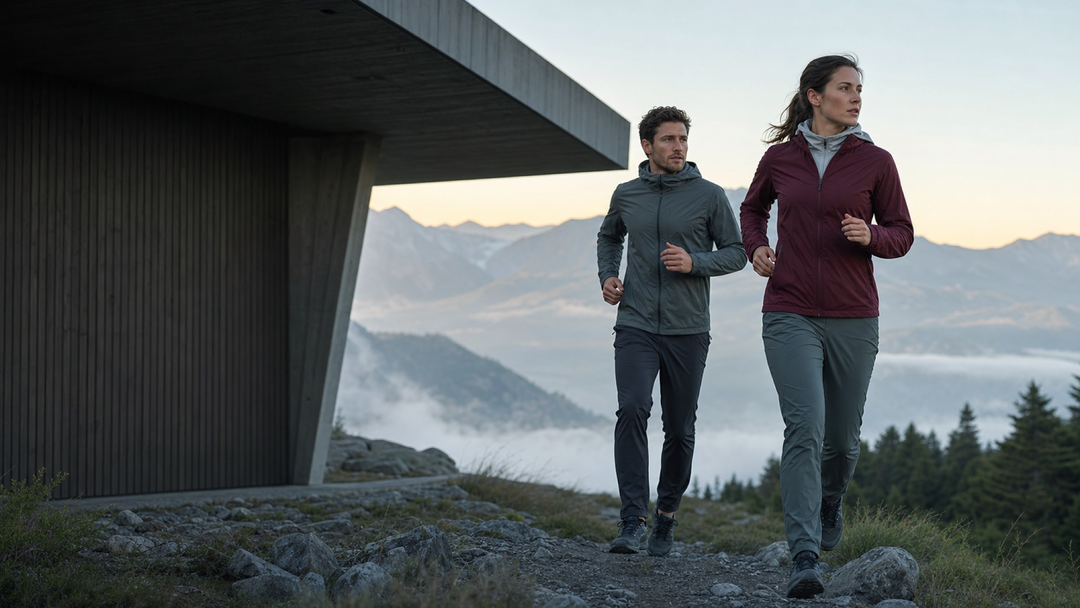Premium outdoor performance jackets and technical pants on an alpine trail