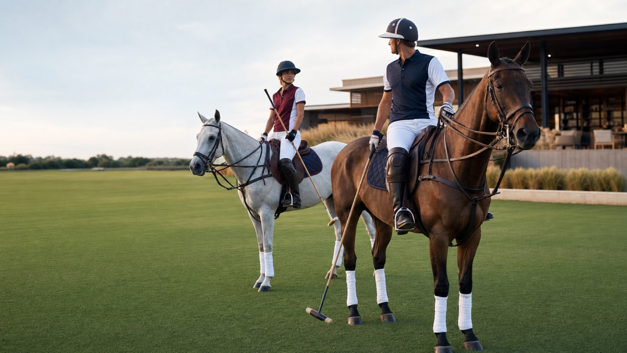 Equestrian polo athletes wearing authentic performance jerseys and riding trousers