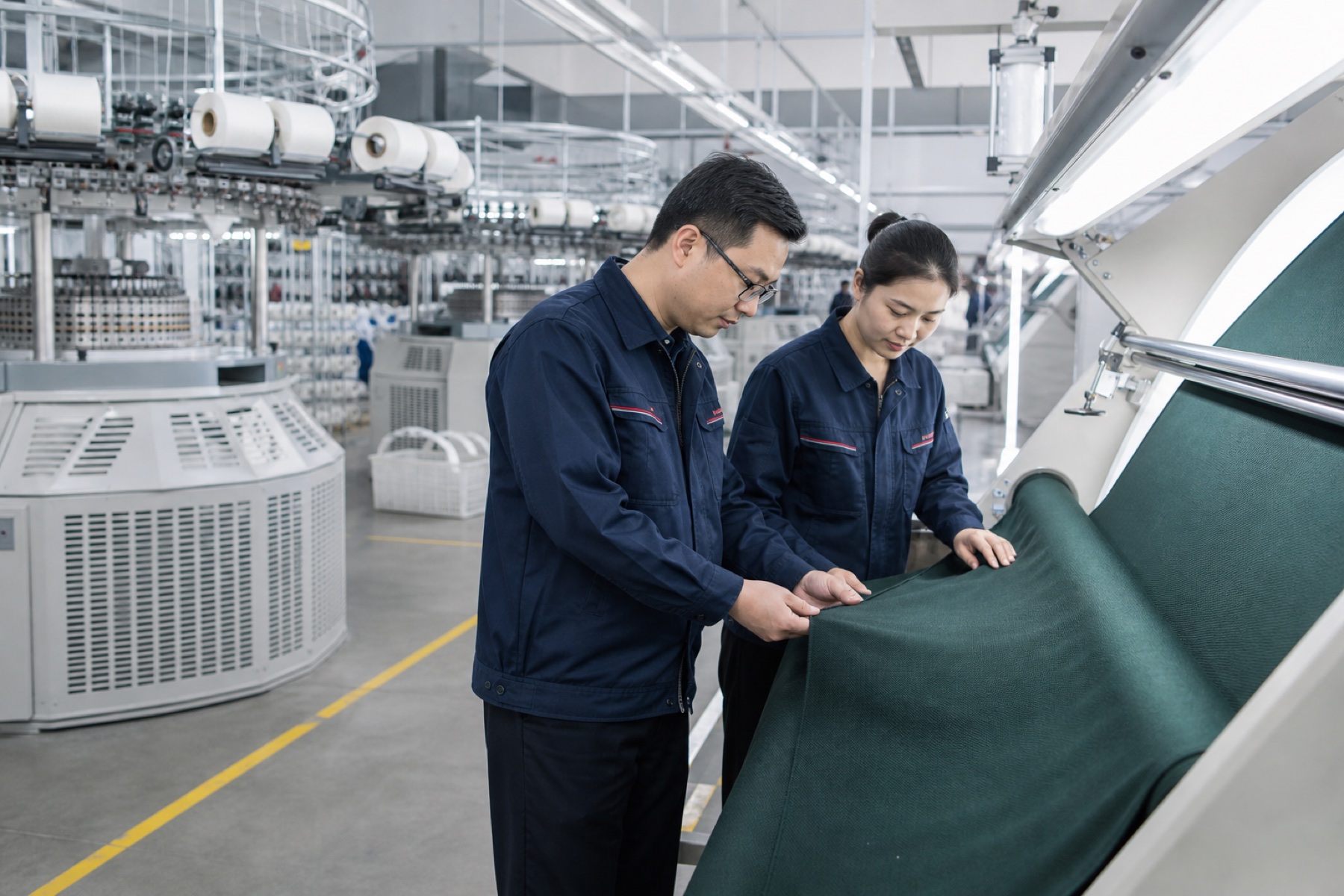 Textile specialists inspecting performance fabric during production in Shaoxing